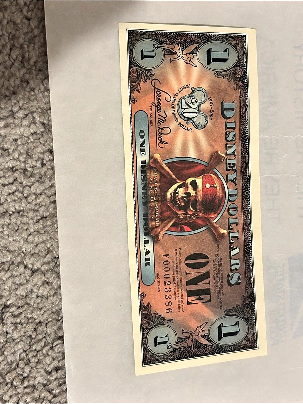 Disney 2007 Pirates of the Caribbean 20th Anniversary Disney Dollar One Dollar